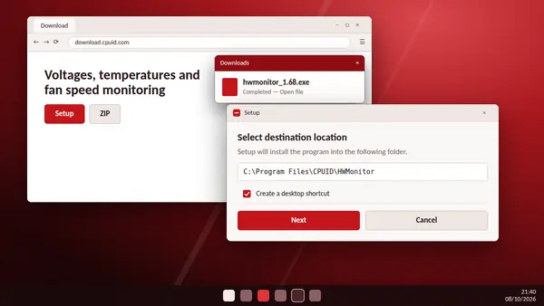 Browser download panel showing the HW Monitor setup file beside the installer window