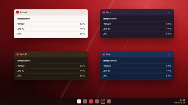 Four small HW Monitor windows showing the Default, Dark, Dark 2 and Blue themes